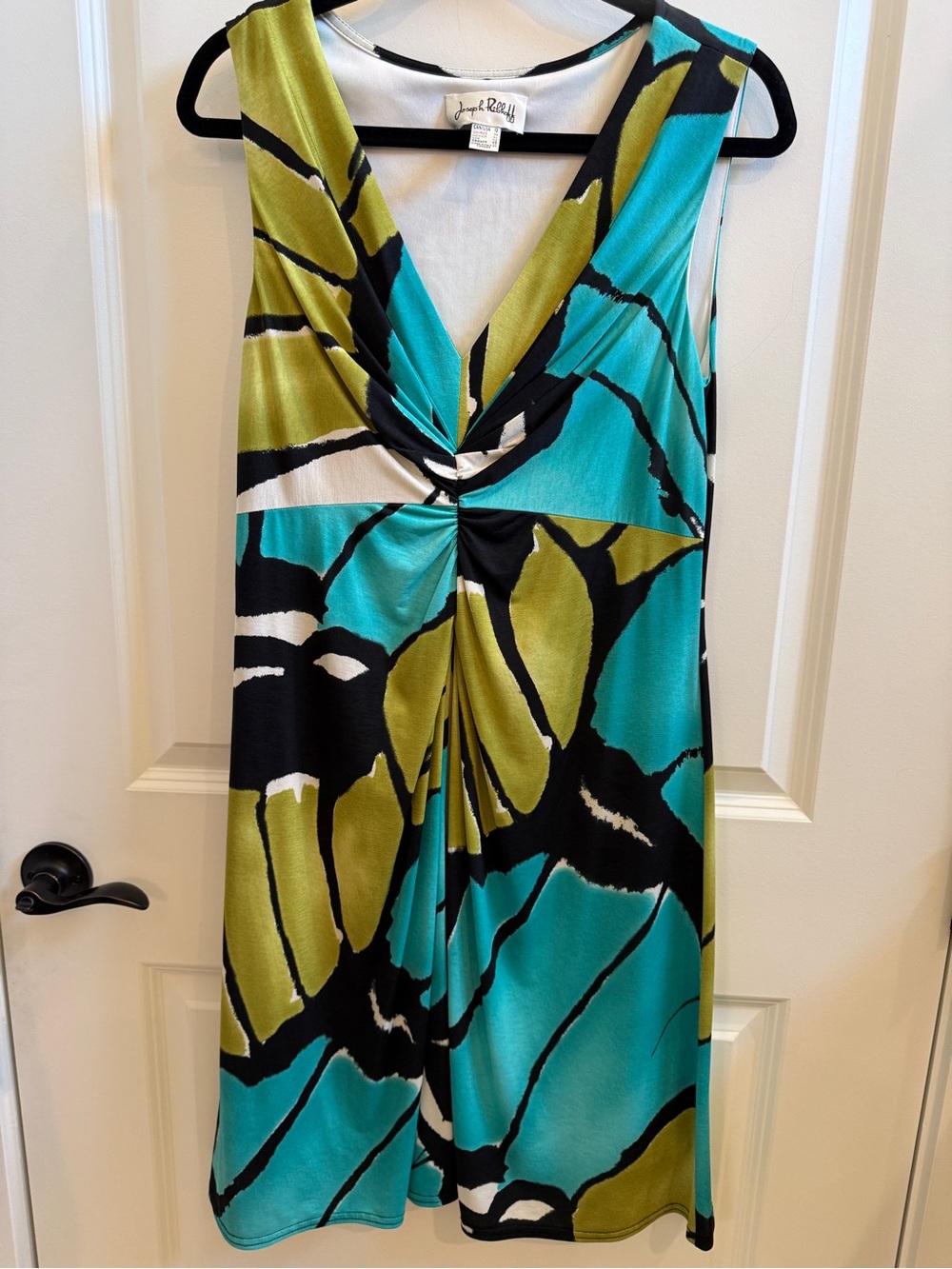 Joseph Ribkoff V-Neck Dress in Teal, Olive & Black